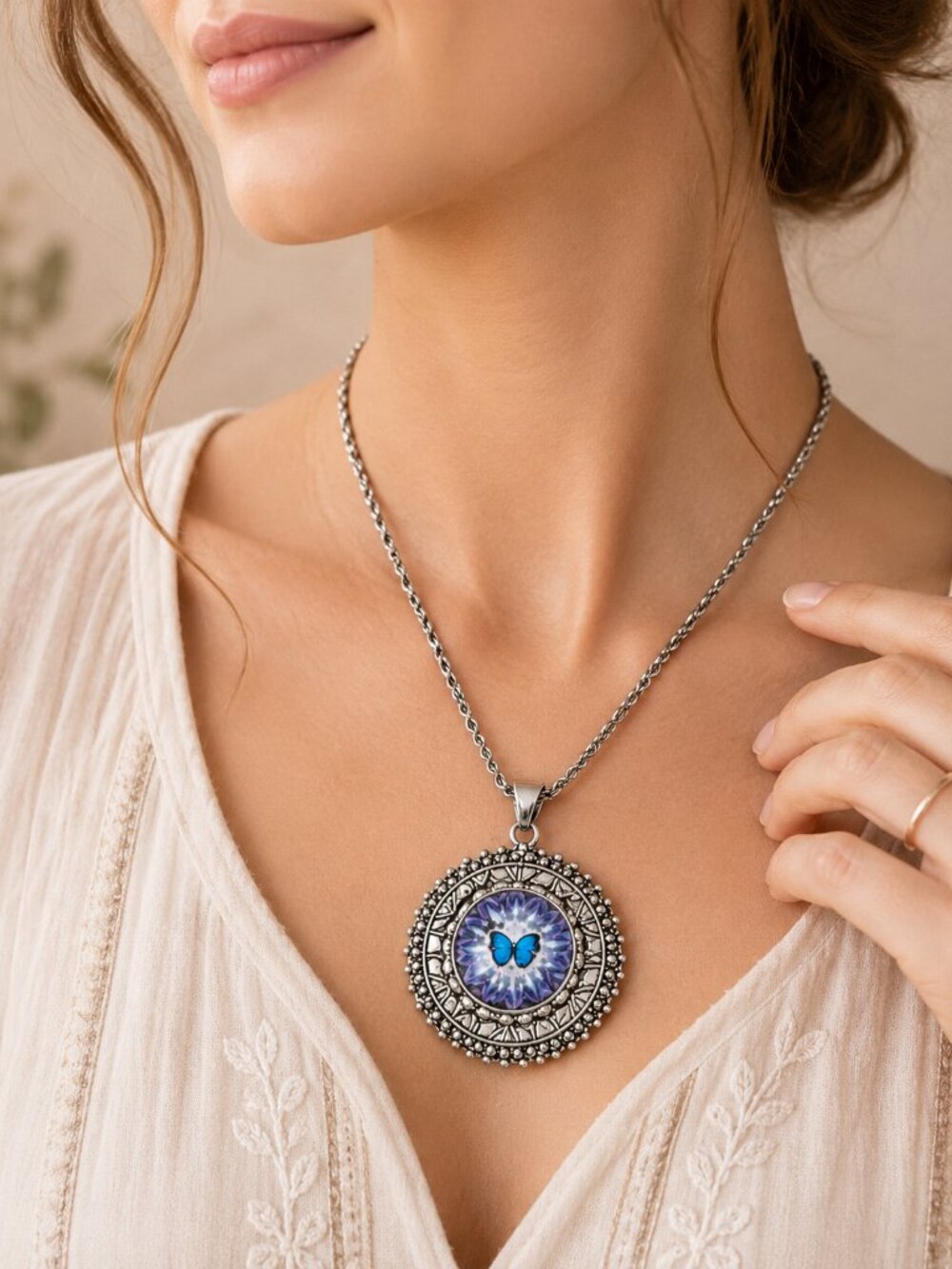 Silver Mandala Snap Necklace Paisley Butterfly Interchangeable Pendant